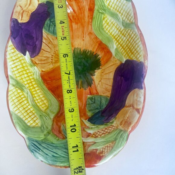 Fall-Themed Ceramic Serving Bowl Hand-Painted Pumpkin Corn & Eggplant Cornucopia - Picture 5 of 9